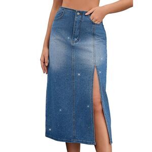 Women's Midi Denim Skirt Side Split High Waisted Rhinestone Jean Skirts